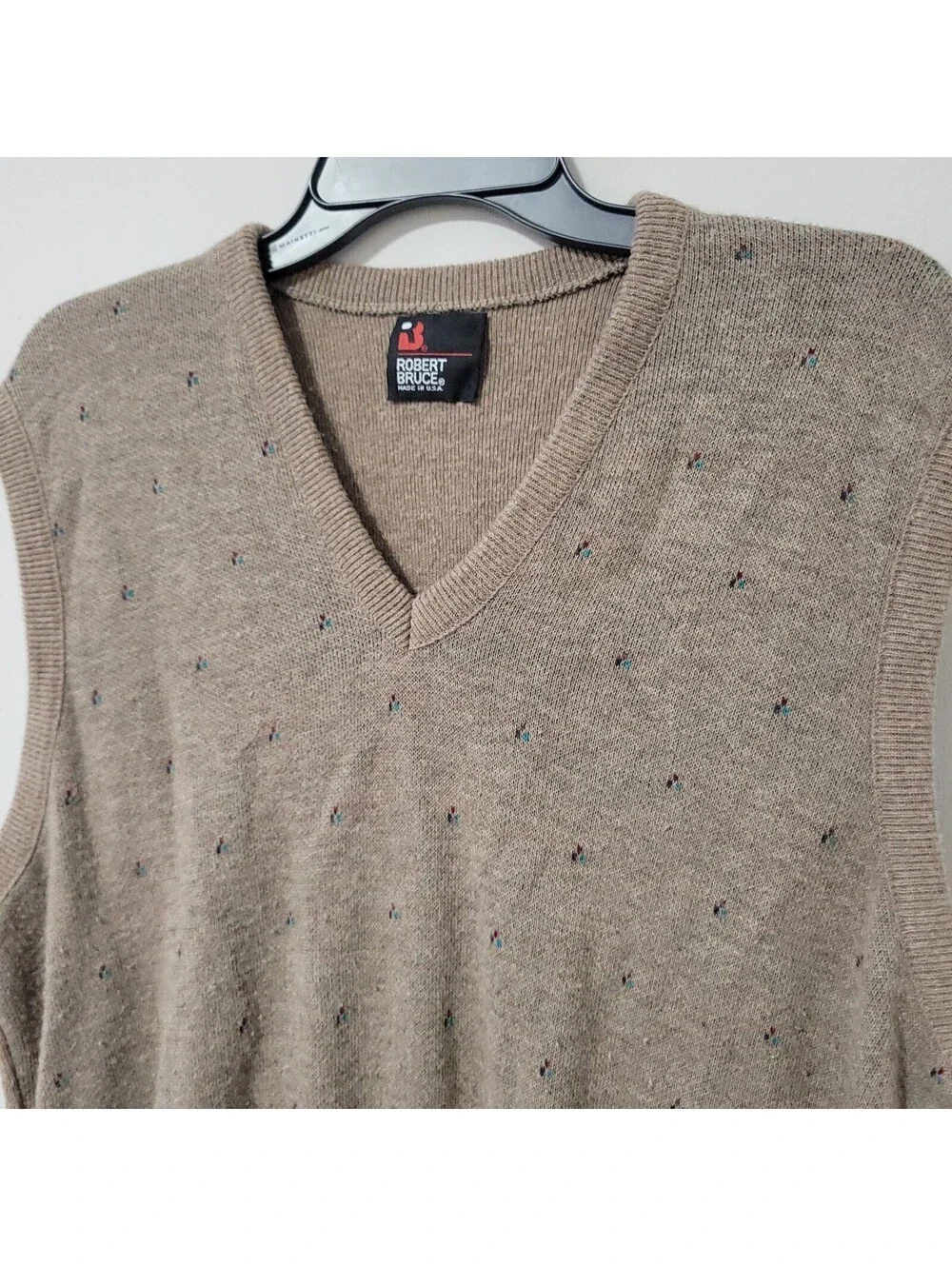 Vintage Robert Bruce Sweater Vest Mens 2XL Tan Fleck V-Neck Made USA Grandpa